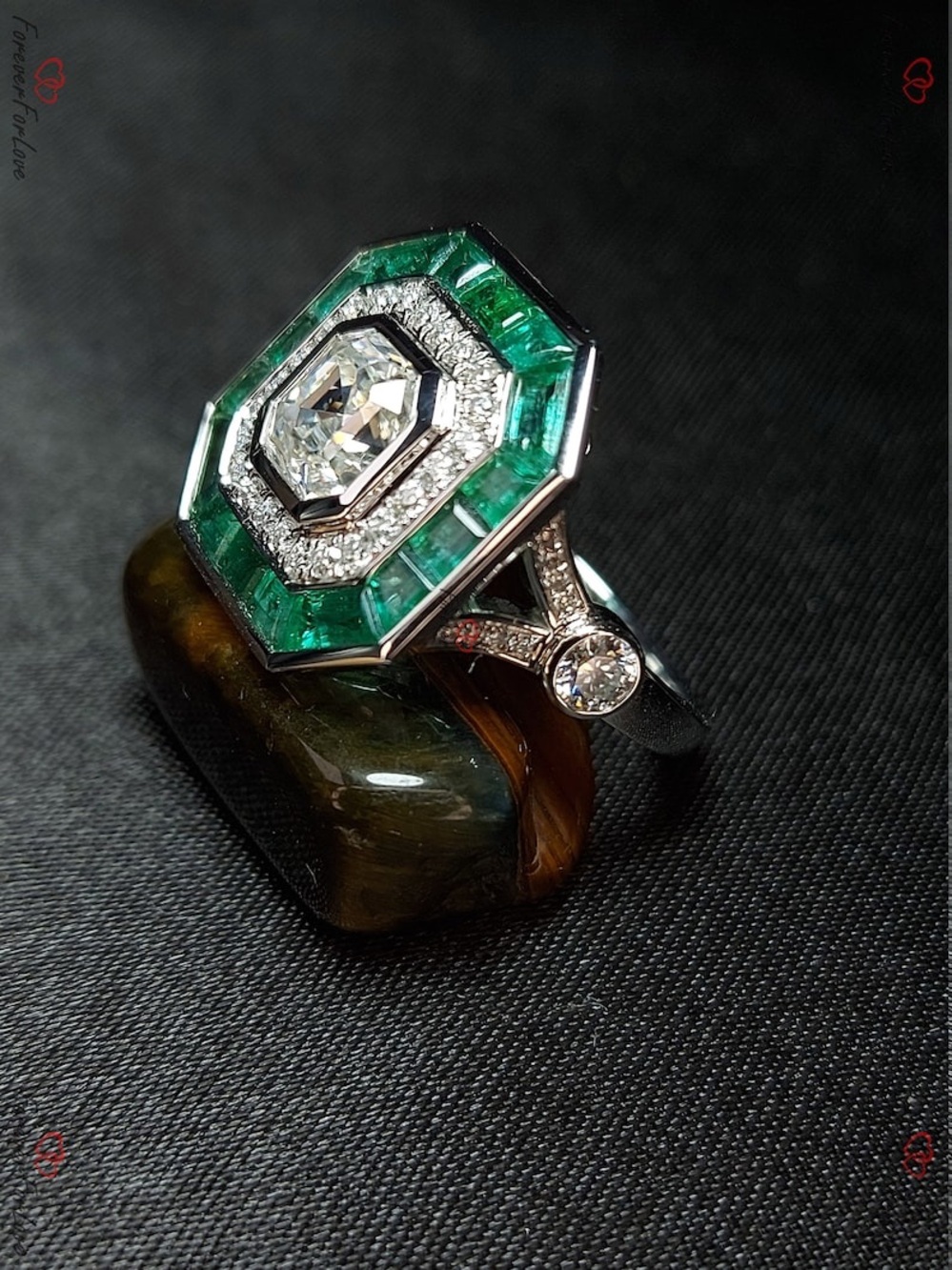 Vintage Art Deco Ring, Ascher Cut Moissanite and Emerald Ring, Double Halo Ring